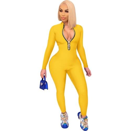 2021 New Autumn Winter Arrival Women Solid Color One Piece Jumpsuit Zipper Front Long Sleeve Fitness Rompers Playsuits Catsuits