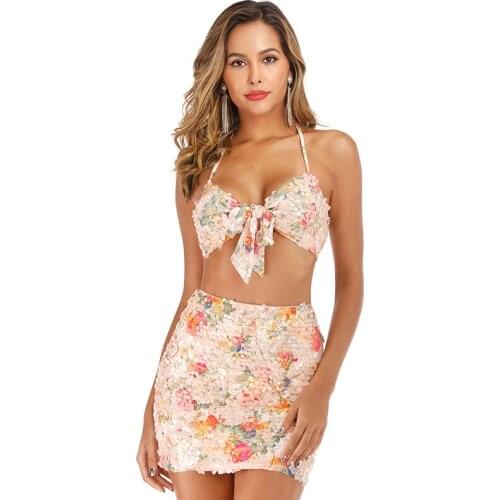 HYGGE Two Piece Floral Mesh Sequin Dress Women Summer Vacation Outfits Sexy Halter Backless Bodycon Mini Dress Chic Clubwear