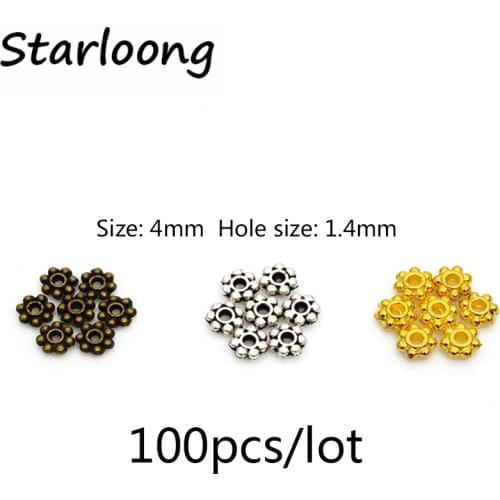 100pcs/lot 4mm Spacers snowflake Flower Metal Gold-color Tibetan antique Silver antique bronze Spacer Beads for Jewelry Making