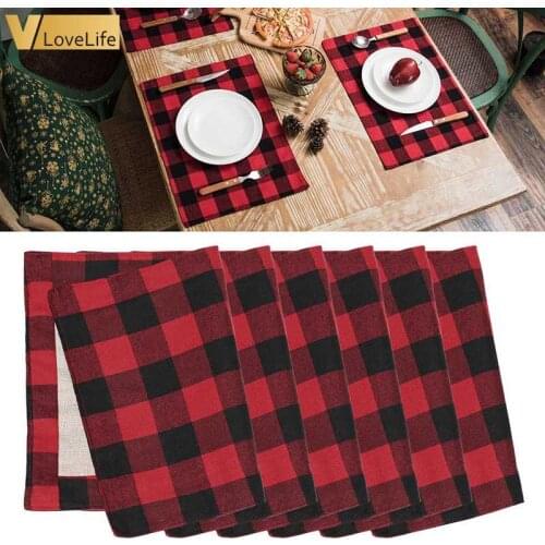 2/4/6pcs Placemats Christmas Table Decorations for Home Buffalo Plaid Cotton Tablecloth Accessories Lowerprice Kitchen Decor