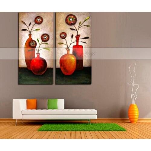 2pcs Hand-Painted Flower Oil Paintings Abstract Flowers in Vase Paintings Canvas Wall Art Picture for Living Room Bedroom