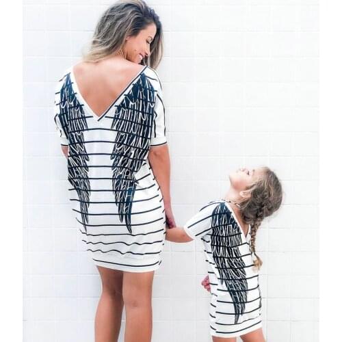2021 Mother Daughter Short Sleeve Striped Dress Summer Family Matching Outfits Wings Dresses Mommy And Me Baby Girls Clothes