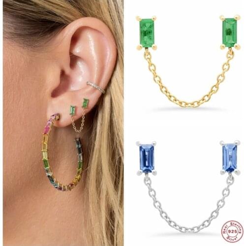 Aide 925 Sterling Silver Double Crystal Stud Earrings For Women Girls Rainbow Zircon Chain Earring Fine Jewelry Party Accessory