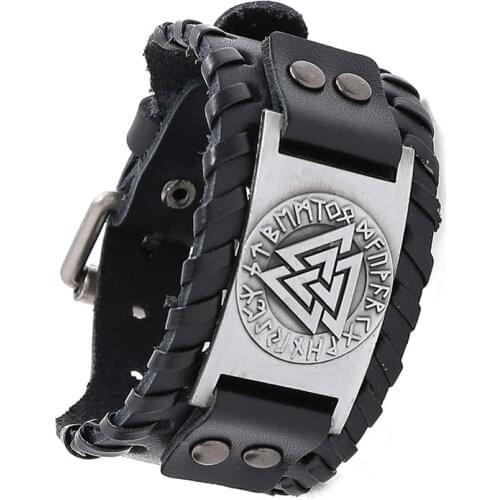 Wristband Viking-Bracelet Charm Wide Leather Bracelets Men Punk Braided Rope Alloy Cuff Bangle Male Mens Jewelry