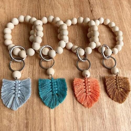 Wood Bead Keychain For Keys Wood Beads Bracelet Keyring With Colored Tassel Women Men Wooden Keychain Wholesale Accessories