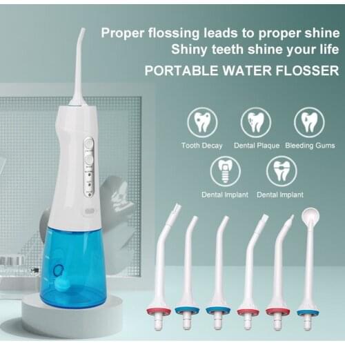 300ml Protable Oral Irrigador USB Rechargeable 6 Nozzles 3 Modes Adjustable Water Jet Flosser IPX8 Waterproof Teeth Cleaning