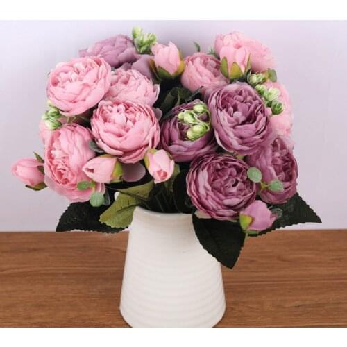 30cm Rose Pink Silk Bouquet Peony Artificial Flowers 5 Big Heads 4 Small Bud Bride Wedding Home Decoration Fake Flowers Faux