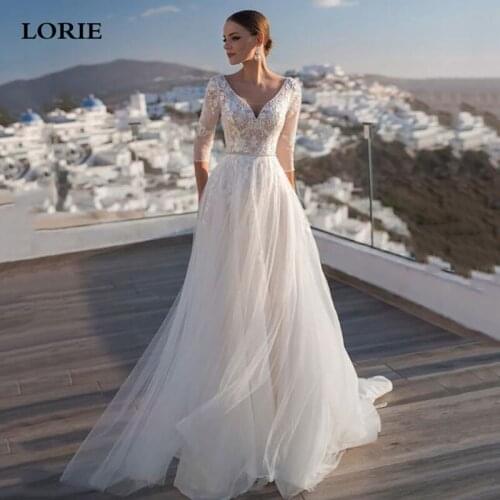 LORIE A Line Lace Beach Wedding Dresses Half Sleeve V Neck Bridal Gown Backless Floor Length Wedding Gowns