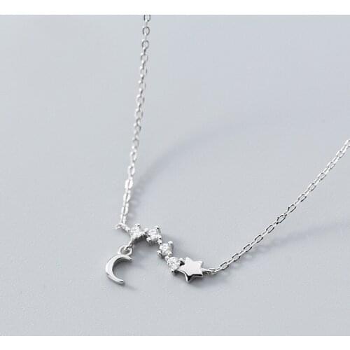 MloveAcc 925 Sterling Silver Crystal CZ Star Moon Pendant Charm Crescent Necklace Women Girls Birthday Gift Christmas Jewelry