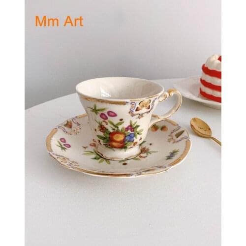 Oil Painting Style European Golden Rim Fruit Ceramic Cup Dish a Set of British Afternoon Tea Coffee Cup