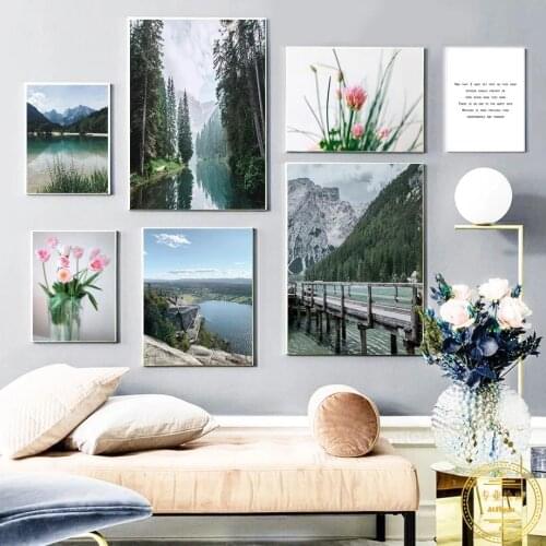 Nordic Mountain Lake Scenery Poster Wall Art Canvas Print Flower Green Plant Fresh Picture Home Decor Modern Interior Painting