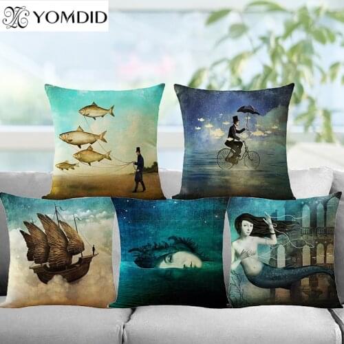 Mermaid Printed Cushion Cover Fish and girl Linen PillowCase Soft Chair Car Sofa Sea Series Pillows Cover Home Office Decor