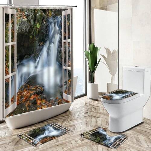 Autumn Waterfall Scenery Shower Curtain Natural Forest Trees Leaves Stone Window View Non-Slip Carpet Toilet Cover Floor Mat Set