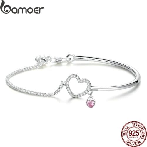 BAMOER Romantic New 100% 925 Sterling Silver Heart Pink CZ Chain Link Bangles Bracelets for Women Sterling Silver Jewelry SCB117