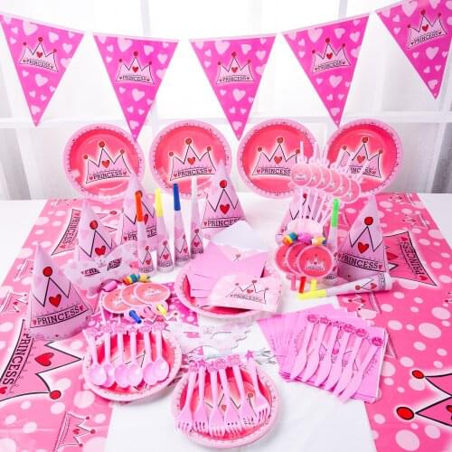Pink Princess Crown Theme Disposable Tableware Paper Plates Napkins Straws Cups Baby Shower Birthday Party Decoration Supplies