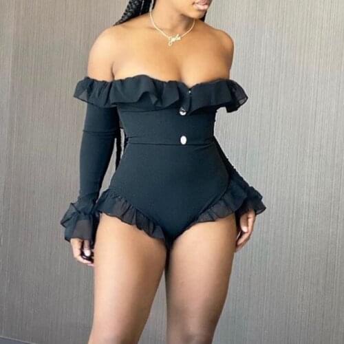 Musuos Sexy Ladies Bodysuits Leotard Tops Ruffle Slash Neck Long Sleeve Buttoned Romper Solid Slim Stretch Clothes Sets Clubwear