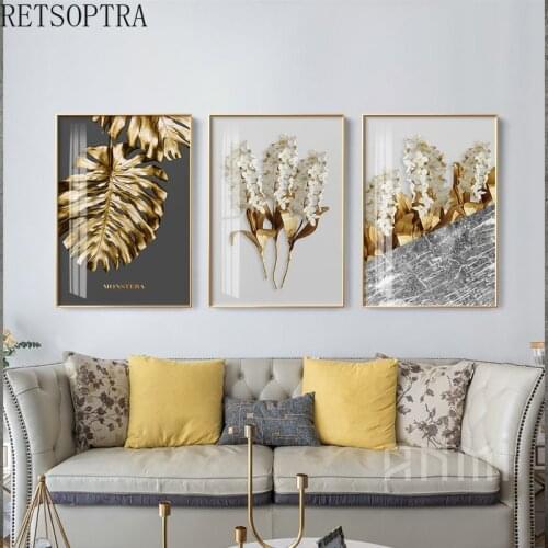 Modern Minimalist Golden Plants Leaves Flower Bouquet Print Painting Abstract Marble Frameless Wall Poster Painting