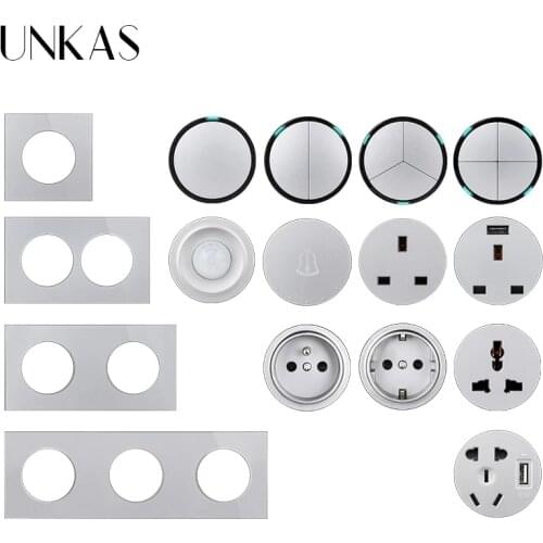UNKAS DIY Free Combination Grey 1 2 3 4 Gang 1 / 2 Way Click On / Off Light Switch Gray Glass EU French Socket