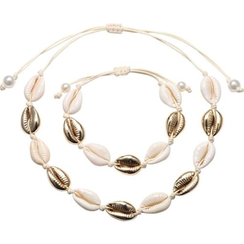 Vintage Women Shells Necklace Set Rose Gold Color Natural Seashell Chain Choker Bracelets Girl Summer Boho Collier Jewelry Gift