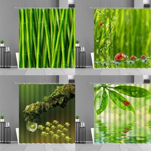 Green Plants Leaf Shower Curtains Bamboo Leaves Water Drop Fish Ladybug Scenery Waterproof Curtain Landscape Home Bathroom Decor