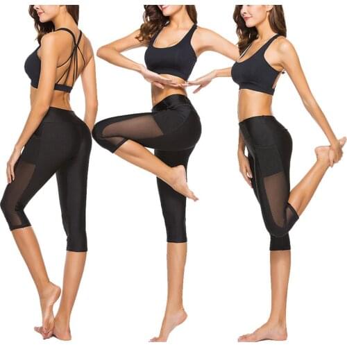 Women Sport Workout Suit Summer Sports Shorts Sheer Mesh Splicing High Elastic Waist Cropped Trousers Gym Fitness Clothing