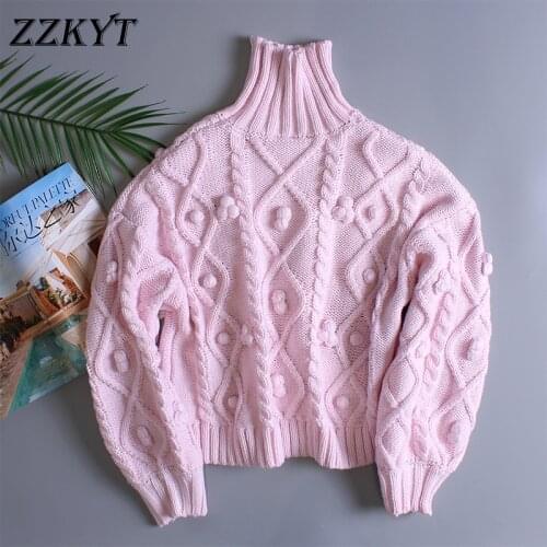 Fashion With Pompoms Pink Knitted Sweater Women 2020 Vintage High Neck Long Sleeve Female Pullovers Chic Tops