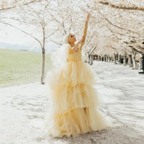 Exquisite Elegant Light Yellow Women Dress V-Neck Floor Length Dresses Tulle Ruffle Layered Summer Dress Photogrophy Custom Made