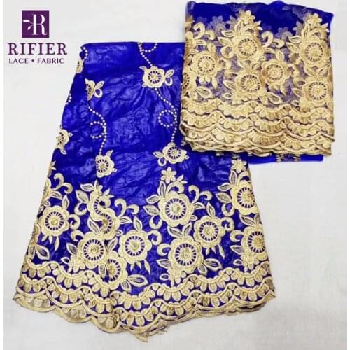 Gold Line Embroidered Bazin Riche Fabric With Net Blouse Beaded Nigerian Guipure Wedding Material African Beads Basin Fabrics