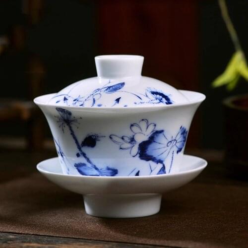 220ml Chinese Style Tea Bowl Jingdezhen Blue and White Porcelain Tea Tureen Chinese Kung Fu Teaware Vintage Gaiwan Master Cup