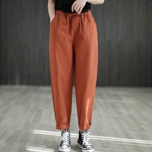 Basic Solid Cotton Baggy Elastic Waist Harem Pants Casual Ankle-Length Pants Female Vintage Harajuku Spring Women Clothes