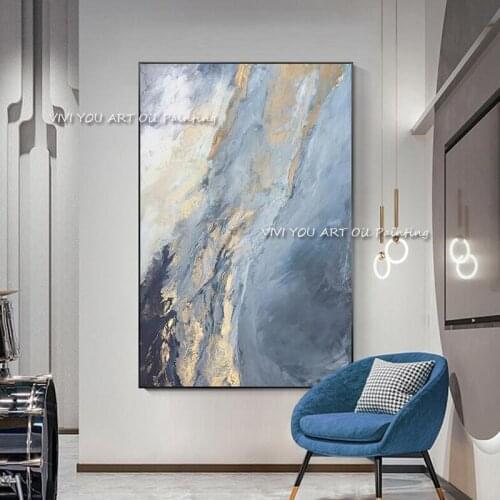 Large-size Art 100% Hand-painted Ocean Oil Painting Gold Foil Craft Brilliant Mural Modern Canvas Curtain Wall Decoration