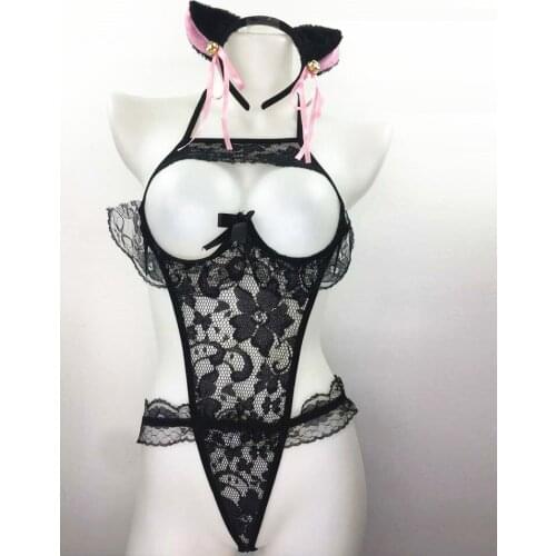 Black Women Sexy Lingerie Lace Underwear Bodysuit Bodydoll One-piece Hollow Bra Uniform Costumes Bodysuit Ear Tail Costume