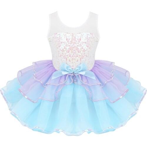 Kids Girls Dance Dress Shiny Sequins Mesh TuTu Dress Splice Bowknot Ballet Dance Gymnastics Leotard Children Performance Costume