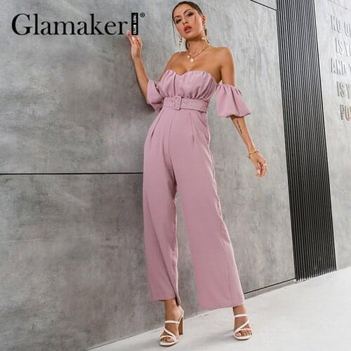 Glamaker Bare shoulder elegant office ladies jumpsuit Pink fashion party summer Straight-leg pants casual ruffles long playsuit