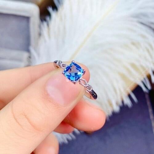 Natural blue topaz gem Ring Natural gemstone ring S925 silver Elegant Retro-hollowing square women girl gift party fine Jewelry