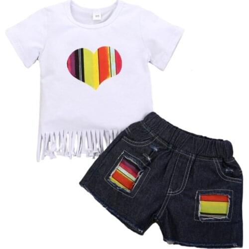 2Pcs Little Girls Outfit, Toddlers Heart Printing Tassels Hem Short Sleeve Round Collar Top + Ripped Denim Shorts Summer 2021
