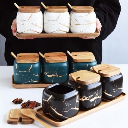Nordic Creative Marble Pattern Ceramic Kitchen Tools Porcelain Seasoning Tank Set Salt Shaker Spice Jars with Wooden Cover