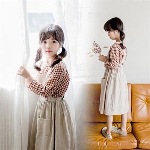 Autumn New Korean Childrens Long-Sleeved Plaid Shirt + dress girls clothing set 4 7 8 12 14 years old Kids Girls Clothes