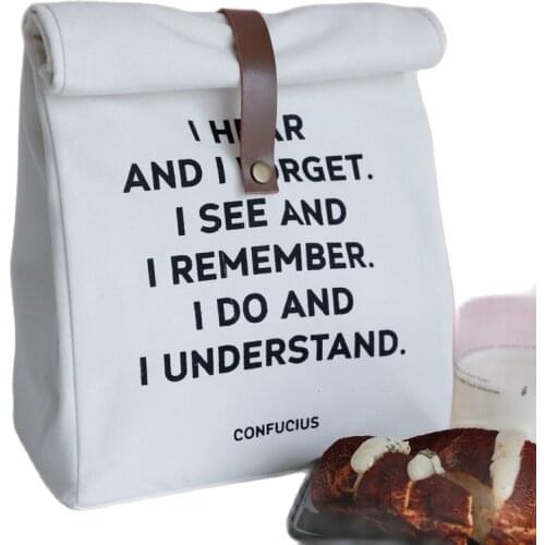 White Canvas letter prints Lunch Box Bag simple Style Cute Hand Bag Portable Bag Women Food Bag for Work School tote bags