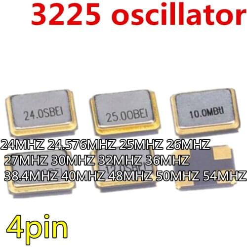 5pcs 3225 SMD OSC oscillator 3.2*2.5MM 4PIN 24MHZ 24.576MHZ 25MHZ 26MHZ 27MHZ 30MHZ 32MHZ 36MHZ 38.4MHZ 40MHZ 48MHZ 50MHZ 54MHZ