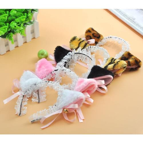 Lolita Cute Cat Ear Lace Headband with Bell Pink White Black Leopard sexy Cat Ear Cosplay Headwear Anime Cat Girl Costume