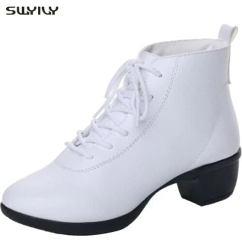 SWYVY Winter Snow Boots Women Block Heel Warm Ankle Boots Genuine Leather 2019 Newvelvet Fur Female Sport Dance Shoes White