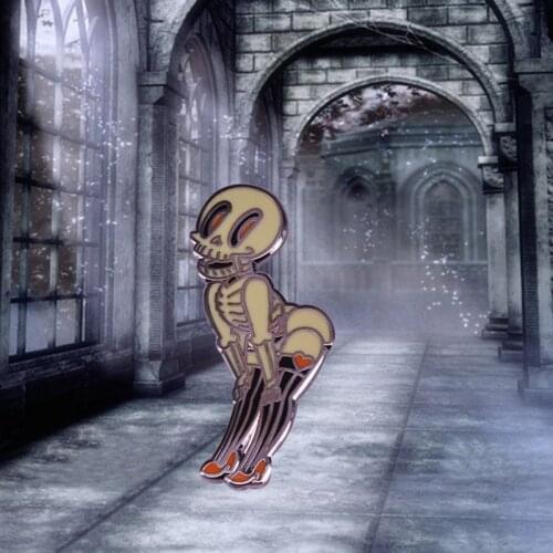 Gothic Sassy Skeleton Girl Enamel Pin Goth Sexy Skull Lady Brooch Halloween Art jewelry