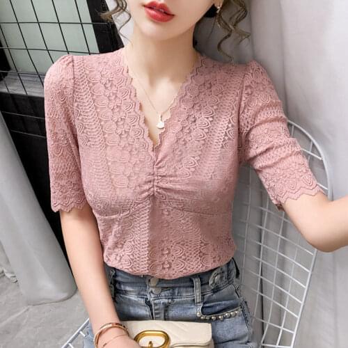Blouse Women Womens Lace Puff Sleeve Sexy Tight V-neck Shirts Top Blusas Ropa De Mujer