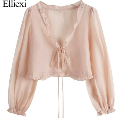 Elliexi Women Chiffon Blouse Shirts With Drawstring Flunce Outerwear Bandage Shirts Transparent Casual Cardigan Women Crop Tops