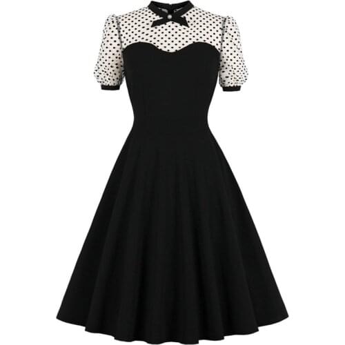 50s 60s Holiday Sundress Dotted Mesh Elegant Party Wear Black Dresses for Women Slim Robe Femme A-Line Vintage Dress 2021 Fall