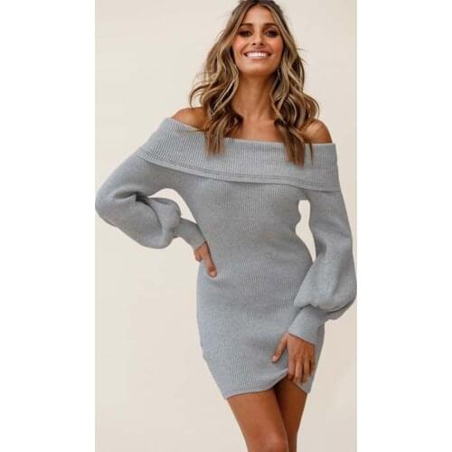 2021 Autumn Winter Short Knitted Dress Women Sexy Off Shoulder Dresses Ladies Tight Ribbed Dress Sweater Long Sleeve