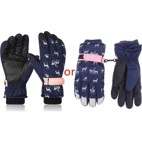 Women Men Winter Waterproof Snow Ski Gloves Cartoon Deer Print Thermal Plush Lined Adjustable Outdoor Sports Cycling Windproof S