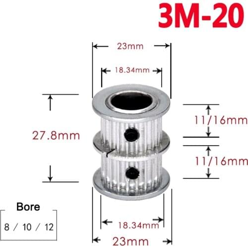 1Pcs 3M20 Tooth Timing Pulley Double Round-Headed Synchronous Wheel Gear Width 11mm 16mm Bore 8mm 10mm 12mm