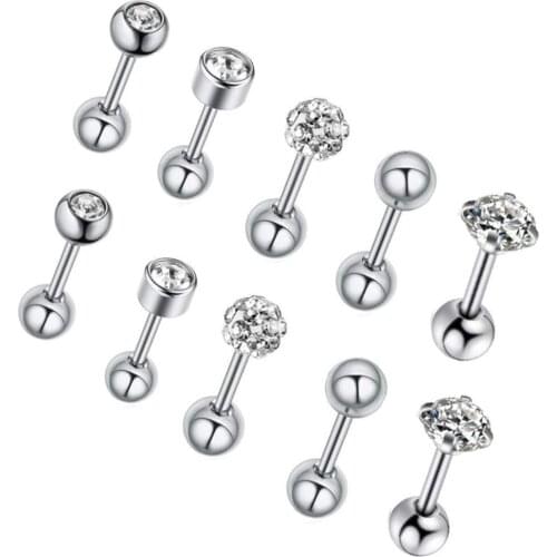 MIX 5 Style 10 Set Men Small Steel 16G Piercing Cartilage Earring Stud Silver Rose Gold Barbell HelixTragus Lobe Body Jewelry
